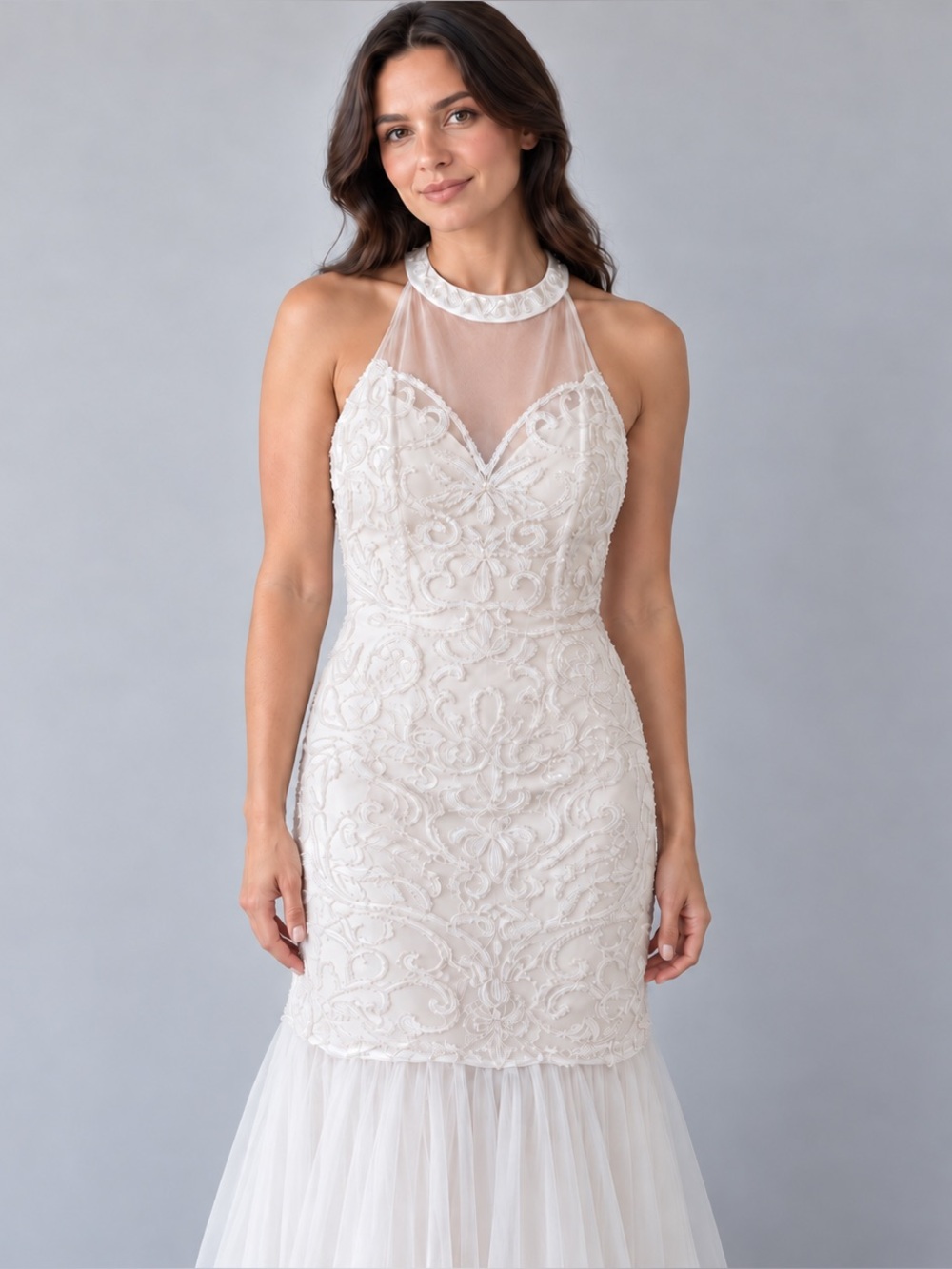 White Beaded Illusion Halter Wedding Gown Size L NWT